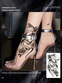 Waterproof Temporary Transfer Tattoo,1pc Water Transfer Paper, Dark Gothic Style, Coiled Snake, Rose & Crescent Moon Pattern, Delicate Line Details, Long Lasting Fake Tattoo Stickers, Body Art Decals For Women, Suitable For Waist, Abdomen, Hip, Arm - Black - View 3