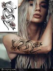 Waterproof Temporary Transfer Tattoo,1pc Water Transfer Paper, Dark Gothic Style, Coiled Snake, Rose & Crescent Moon Pattern, Delicate Line Details, Long Lasting Fake Tattoo Stickers, Body Art Decals For Women, Suitable For Waist, Abdomen, Hip, Arm - Black - View 6
