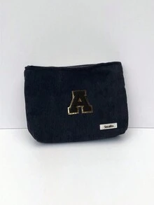 Túi cầm tay nhung kẻ, Túi đựng đồ trang điểm, Túi đựng đồ sọc đơn giản khi đi du lịch, Khăn đen thêu chữ A-Z, Ví đựng mỹ phẩm màu trơn, Túi đựng đồ trang điểm du lịch nhung kẻ dung tích lớn: Hoàn hảo cho việc làm đẹp khi di chuyển! Túi đựng đồ mỹ phẩm du lịch, Đơn giản và cao cấp, Đựng phụ kiện, Thích hợp để cất giữ trong ký túc xá, Du lịch, Đi công tác, Bơi lội, Đựng đồ tại nhà - màu đen - Xem 9