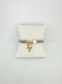 1 件时尚银色雪花和铜珠珠光串珠心形和吊坠装饰手链，适合女性日常佩戴 - 銀色雪花片手鍊 - 查看 10