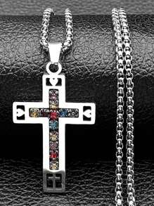 天主教耶稣不锈钢项链圣本笃水晶圣母玛利亚吊坠男士项链首饰 - 銀色 - 查看 9