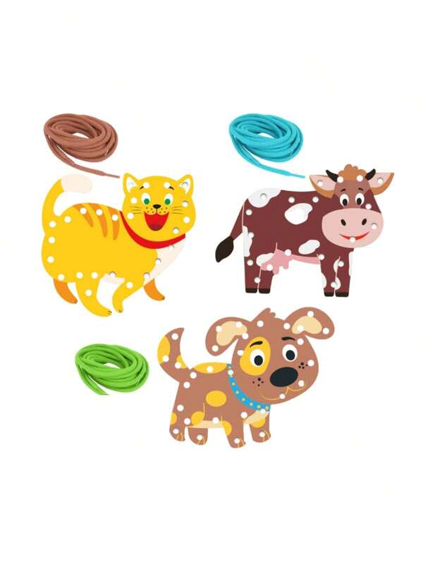 Kit 3 Alinhavo de Madeira Brinquedo Educativo Bicho Animal MDF e Cordão