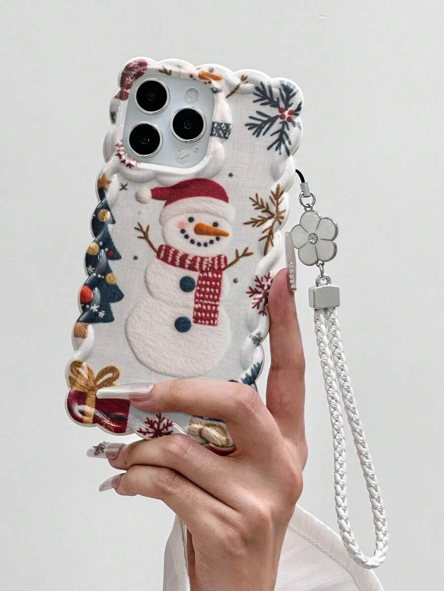 Capa protetora de celular Apple Winter Snowman com pintura trançada Wave Edge Bege pintada com corda macia compatível com iPhone 16 Pro Max/16/15/XR/7P 8P/P12 Pro Max/P13 Pro Max/P14 Pro Max/P13/P14/P11/P12/P14, XS/S/XS Max/7 8, capa grossa fofa e moderna - Multicolorido - Ver 1