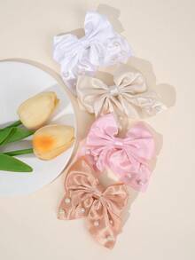 4 件装女孩粉白水手发饰，带尾巴的珍珠丝带蝴蝶结鳄鱼夹，纯色缎带蝴蝶结发夹，优雅蝴蝶结发夹，度假蝴蝶结发夹，纯色蝴蝶结发夹，女士时尚发饰 - 彩色 - 查看 2