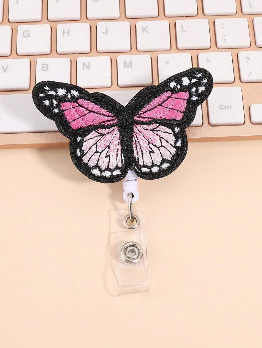 1pc Butterfly Shaped Retractable Easy Clip, Cute Cartoon Office Supply & Student Accessory ID Badge Holder - Pink - View 1