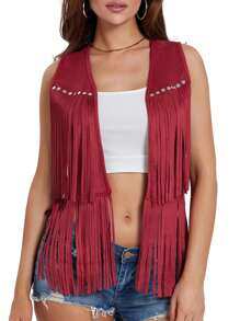 Women's Boho Hippie Chic Waistcoat Vest Ultra Lightweight Solid Hue Open Front Sleeveless Jacket Adorned With Tassels  Streetwear Layering