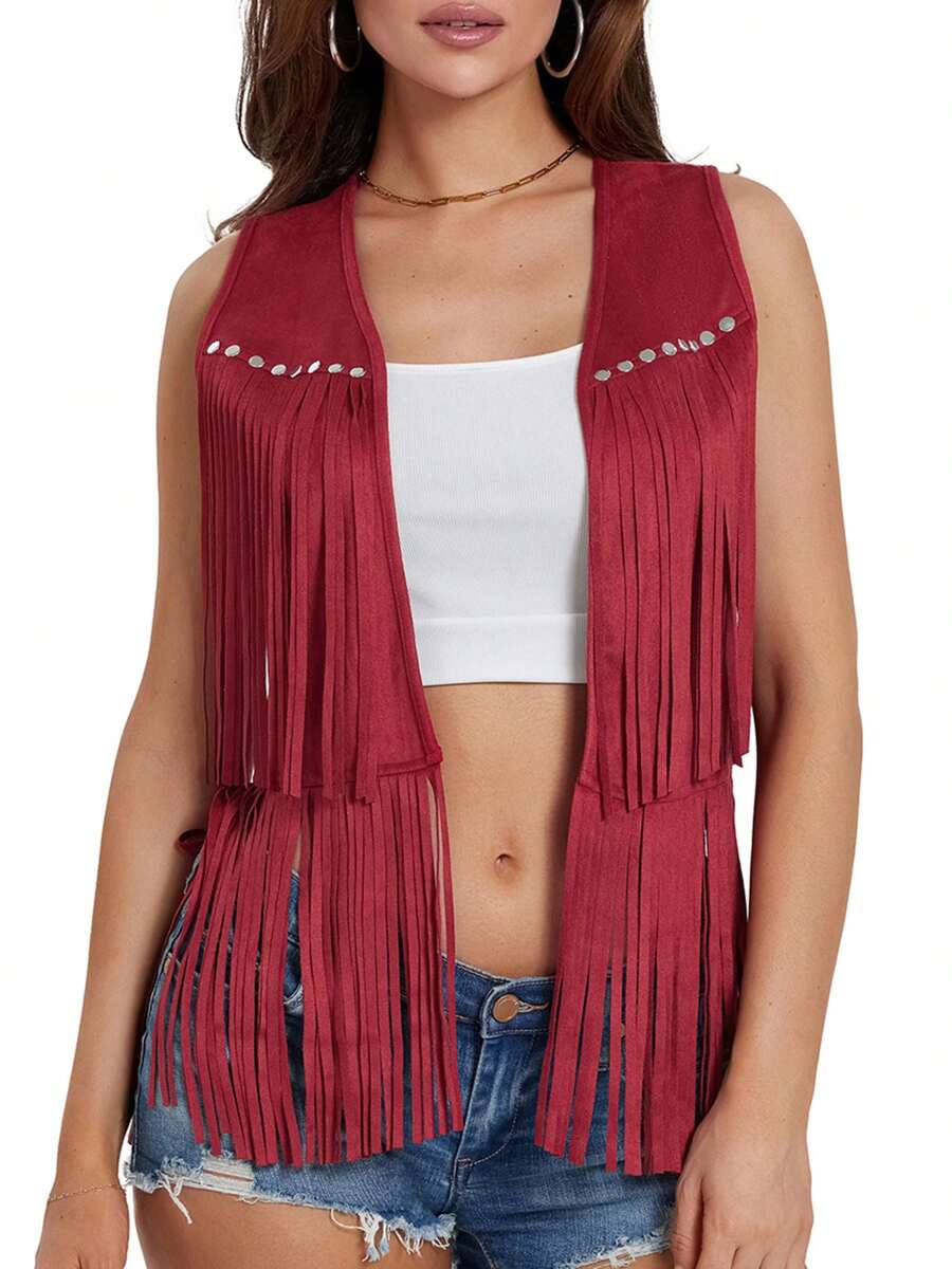 Women's Boho Hippie Chic Waistcoat Vest Ultra Lightweight Solid Hue Open Front Sleeveless Jacket Adorned With Tassels  Streetwear Layering