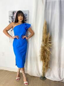 Bruna Dress With Elegant Single Sleeve Detail - Blue - View 1