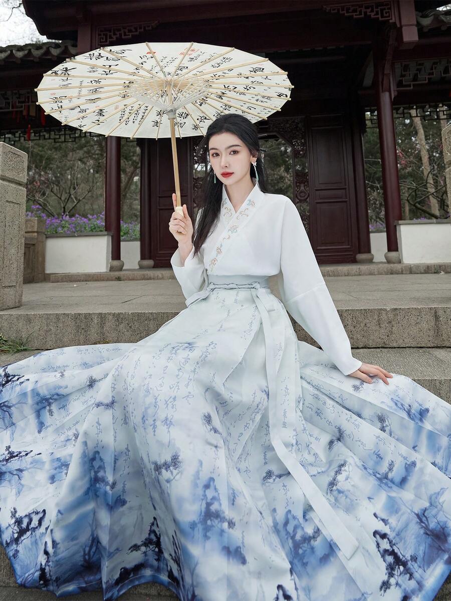 Elegant Spring Chinese Style Celadon Porcelain Printed For Chinese Newyear, Daily, Street, Commuting, Home And Other Occasions To Wear Chinese Dress Horse-Face Skirt Hanfu Bottoms