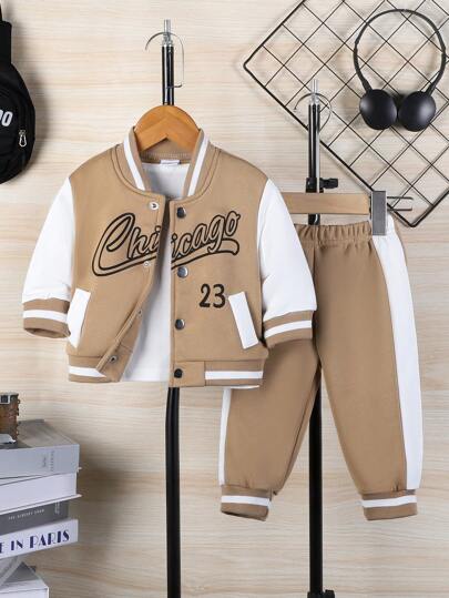 Baby Boy Autumn/Winter American Patchwork Sleeve Baseball Jacket & Pants Set