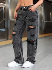 Women's American Street Style Personalized Distressed Straight Leg Jeans - Dark Grey - View 5