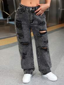 Women's American Street Style Personalized Distressed Straight Leg Jeans - Dark Grey - View 6