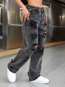 Women's American Street Style Personalized Distressed Straight Leg Jeans - Dark Grey - View 4