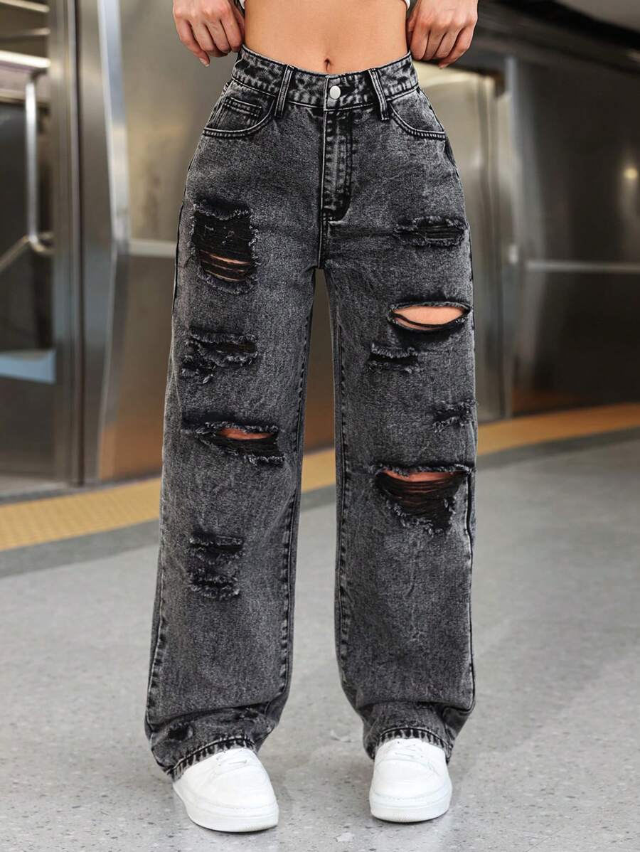 Women's American Street Style Personalized Distressed Straight Leg Jeans