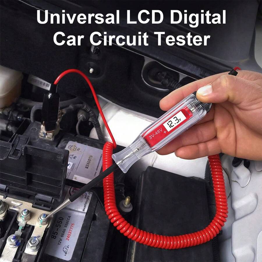 Electric Circuit Tester 5-48V Digital LCD Voltage Tester With 140 Inch Extended Spring Wire Car Truck Vehicles Low Voltage Tester With Probe For Trailer Boat Motorcycle - Red - View 1