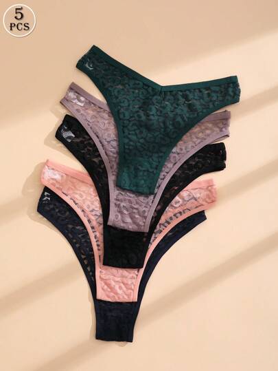 5条装性感女士蕾丝V腰无缝比基尼三角裤，舒适透气运动内裤