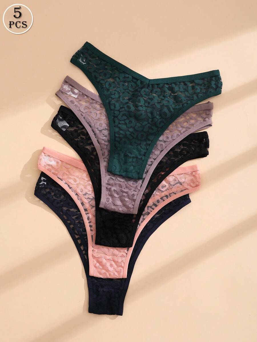 5条装性感女士蕾丝V腰无缝比基尼三角裤，舒适透气运动内裤 - 彩色 - 查看 1
