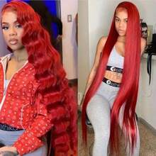 34 Inch 13x4 Red HD Transparent Lace Front Wigs 200% Density Human Hair Pre Plucked With Baby Hair Red Colored Straight Lace Frontal Wigs Human Hair Glueless Wigs For Black Women - SRed - 查看 1