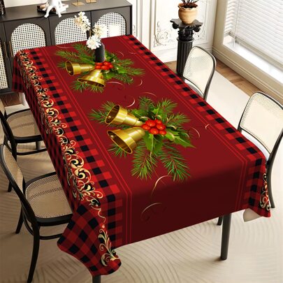 1/20 件圣诞桌布 - 节日印花矩形涤纶桌布，防水防油耐热编织桌布，带有冬青和铃铛设计，适用于餐厅和咖啡桌装饰