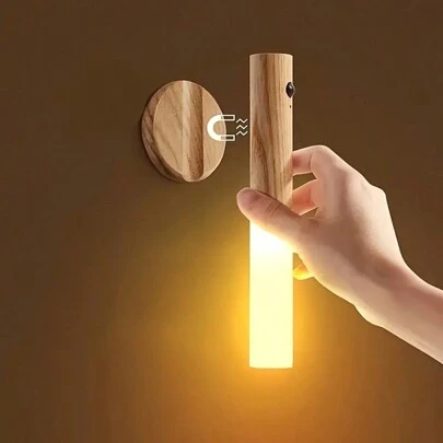 1pc Outdoor Wall Light, Smart Motion Sensor LED Night Light, Creative Table Lamp, Hallway Night Light, Rechargeable Wall Light, Outdoor Emergency Light, Motion Sensor Night Lamp, Wooden USB Rechargeable Magnetic Night Light (White Gray Wood)