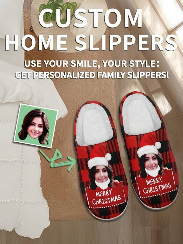1 paire de pantoufles de maison personnalisées pour Noël, pantoufles de maison avec photo du Père Noël personnalisée, pantoufles de maison à semelle épaisse avec chapeau de Noël personnalisé, pantoufles de maison personnalisées, pantoufles de maison avec photo, pantoufles de maison personnalisées pour femmes et hommes, pantoufles de maison personnalisées, cadeau d'Halloween, cadeau amusant