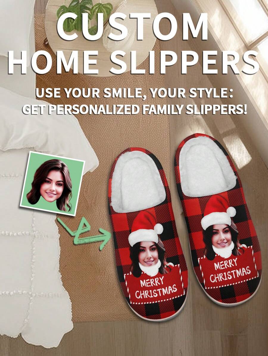 1 Pair Christmas Custom Home Slippers, Personalized Santa Photo Home Slippers, Custom Christmas Hat Thick Sole Home Slippers, Personalized Home Slippers, Photo Home Slippers, Personalized Home Slippers For Women And Men, Personalized Home Slippers, Halloween Gift, Funny Gift ﻿ - White - View 1