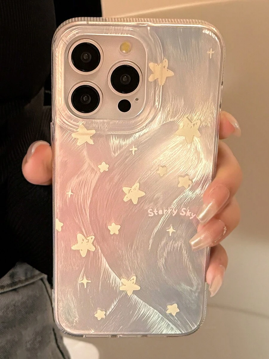 1 pieza Estuche de teléfono estilo coreano de nicho GUCADI con plata, estrella pequeña y pluma compatible con Apple iPhone 16, 16 Plus, 16 Pro, 16 Pro Max - Multicolor - Ver 1