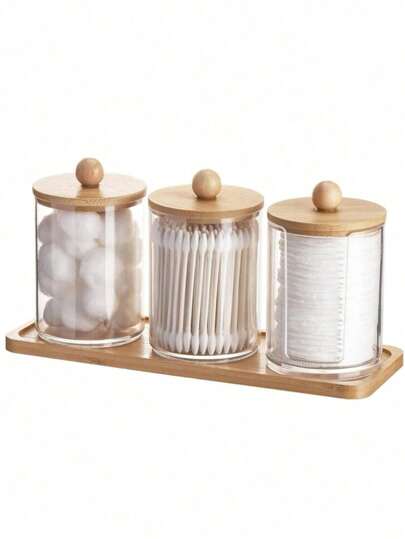 Qtip 支架浴室套装带托盘丙烯酸塑料药瓶 Qtip 分配器罐带透明盖子，竹制梳妆台托盘用于化妆圆垫、棉签