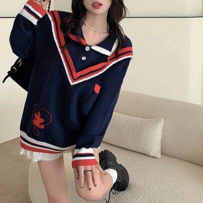 여성 캐주얼 컬러 블록 스트라이프 루즈핏 긴소매 스웨터, 가을/겨울
