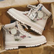 男士蝴蝶图案休闲高帮运动鞋，时尚日常穿着 - 米色 - 查看 3