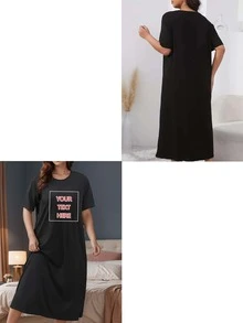 Customized Text Women Plus Size Long Dress, Your Personalized Text/Name/Christmas/Valentine's Day Blessing Design On The Front Of The Dress, Birthday/Anniversary/Party Commemorative/Birthday Gift Customized Text - Black - View 3