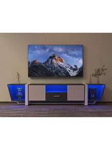 TV Console With Large Storage Cabinets, Biplane Shape Design LED TV Stand With Remote Control, Multiple Modes Changing Lights Modern Entertainment Center With Power Cord, Black,Good Furniture