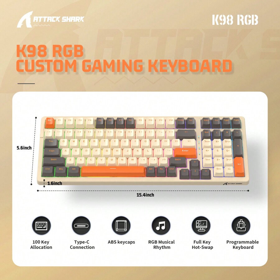 ATTACK SHARK K98 Wired Hot-Swap Gaming Keyboard With Metal Coiled USB C ...