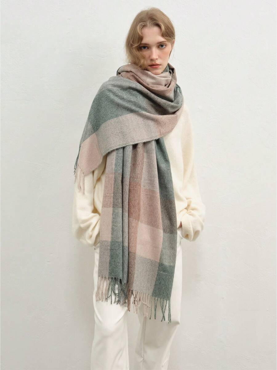 1 件时尚休闲时尚格子围巾，适合秋冬季 - 綠色 - 查看 1