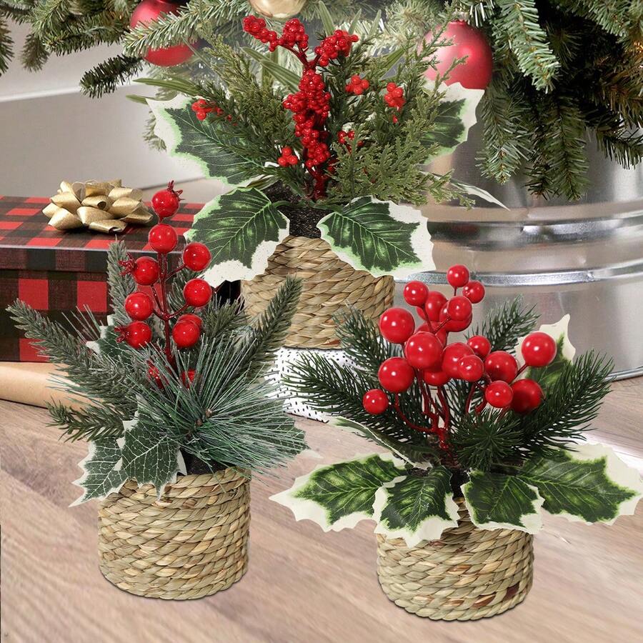 1pc, Artificial Red Berries, White Berries, Pine Needles, Mini Small
