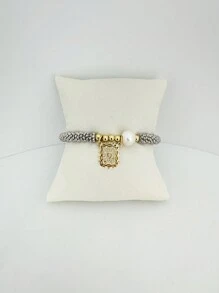 1 件时尚银色雪花和铜珠珠光串珠心形和吊坠装饰手链，适合女性日常佩戴 - 銀色雪花片手鍊 - 查看 6