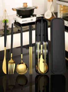 5 件便携式餐具套装，高品质不锈钢，含刀、勺、叉、筷子、储物盒 - 非常适合旅行、办公室、学校、野餐、定制家庭套装、派对和婚礼、学校用品