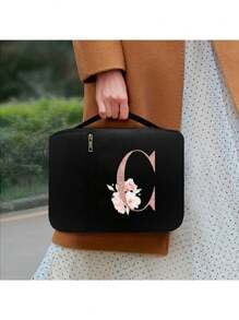 时尚简约复活节耶稣印花圣经袋和 1 个不锈钢书签，带和链条、首字母印刷、圣经封面、圣经架、便携整理袋，带拉链和口袋，适用于标准尺寸圣经袋，用于圣经学习，圣经封面，花卉圣经盒，带手柄的圣经袋，非常适合成人女性男性圣经学习（黑色）（拉链位置随机）