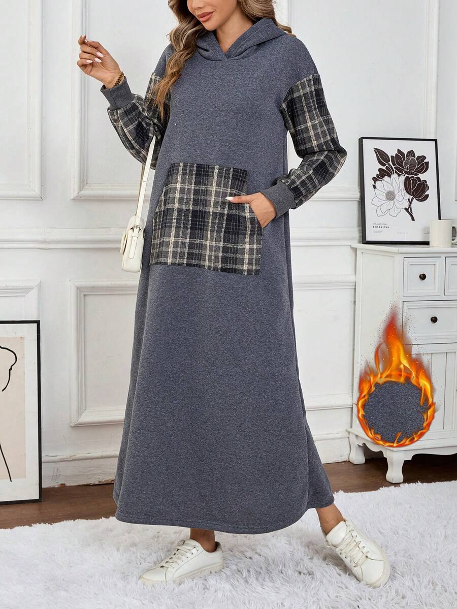 女士连帽套头羊毛运动衫拼布格子长裙