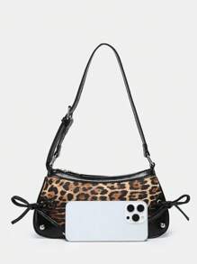 1 件复古肩带蝴蝶结装饰外露栗色/黄色和豹纹单肩腋下法棍包，适合约会、外出、派对