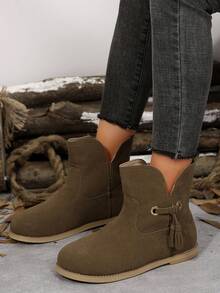 女士 2024 新款哑光皮靴 欧码 42 春秋踝靴 英伦风平底流苏修身牛仔靴 - 卡其色 - 查看 5