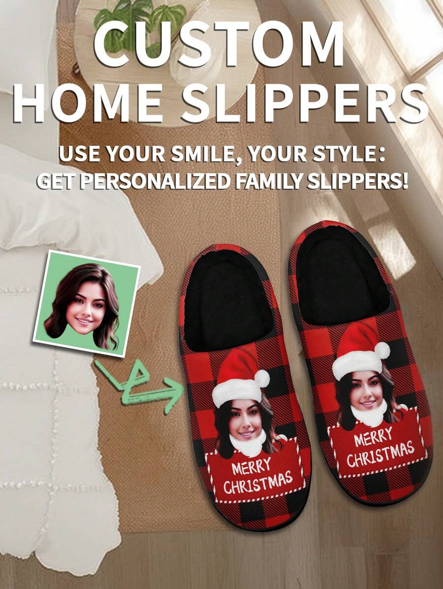 1 Pair Christmas Custom Home Slippers, Personalized Santa Photo Home Slippers, Custom Christmas Hat Thick Sole Home Slippers, Personalized Home Slippers, Photo Home Slippers, Personalized Home Slippers For Women And Men, Personalized Home Slippers, Halloween Gift, Funny Gift ﻿