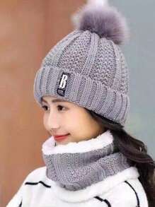 1 set Bonnet et écharpe tricotés pour femme en hiver, ensemble de bonnet épais doublé pour réchauffer les oreilles