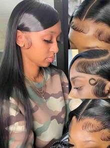 Eulisi 直发蕾丝前部假发 人发预拔 180% 密度 13x4 前部假发 人发 26 英寸高清透明蕾丝假发 10A 巴西处女人发假发 适合女性 带婴儿头发 自然发际线 - 黑色 - 查看 3