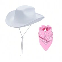 Adjustable Chin Strap Cowboy Hats Cowgirl Hat With Scarf For Women Girls Cowboy Costume Theme Party - 白色 - 查看 1