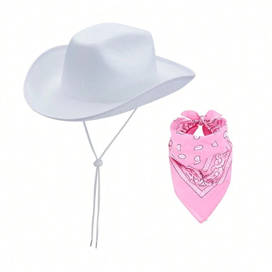 Adjustable Chin Strap Cowboy Hats Cowgirl Hat With Scarf For Women Girls Cowboy Costume Theme Party - 白色 - 查看 1