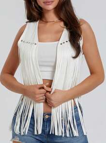 Women's Boho Hippie Chic Waistcoat Vest Ultra Lightweight Solid Hue Open Front Sleeveless Jacket Adorned With Tassels  Streetwear Layering