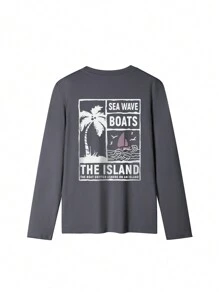 Áo thun cổ tròn rộng rãi in hình cây cọ và khẩu hiệu mùa thu/đông 2025 dành cho nữ, từ trang phục thường ngày đến trang phục sang trọng cho đêm: Khám phá những chiếc áo thun dài tay dành cho nữ dễ dàng thích ứng với nhiều dịp khác nhau và tạo nên vẻ ngoài hoàn hảo - Màu xám đen - Xem 4