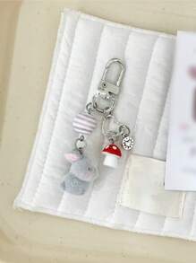 1 móc khóa hình thỏ xám nhỏ hoạt hình Unisex, mặt dây chuyền hình trái tim và nấm dễ thương, phụ kiện túi xách - Nhiều màu - Xem 3