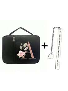 时尚简约复活节耶稣印花圣经袋和 1 个不锈钢书签，带和链条、首字母印刷、圣经封面、圣经架、便携整理袋，带拉链和口袋，适用于标准尺寸圣经袋，用于圣经学习，圣经封面，花卉圣经盒，带手柄的圣经袋，非常适合成人女性男性圣经学习（黑色）（拉链位置随机）